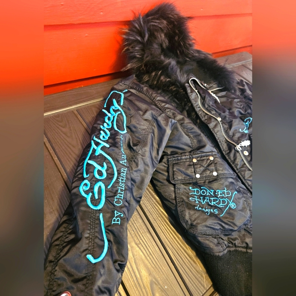 Vintage ED HARDY Mermaid Bomber Jacket w Fur Hood